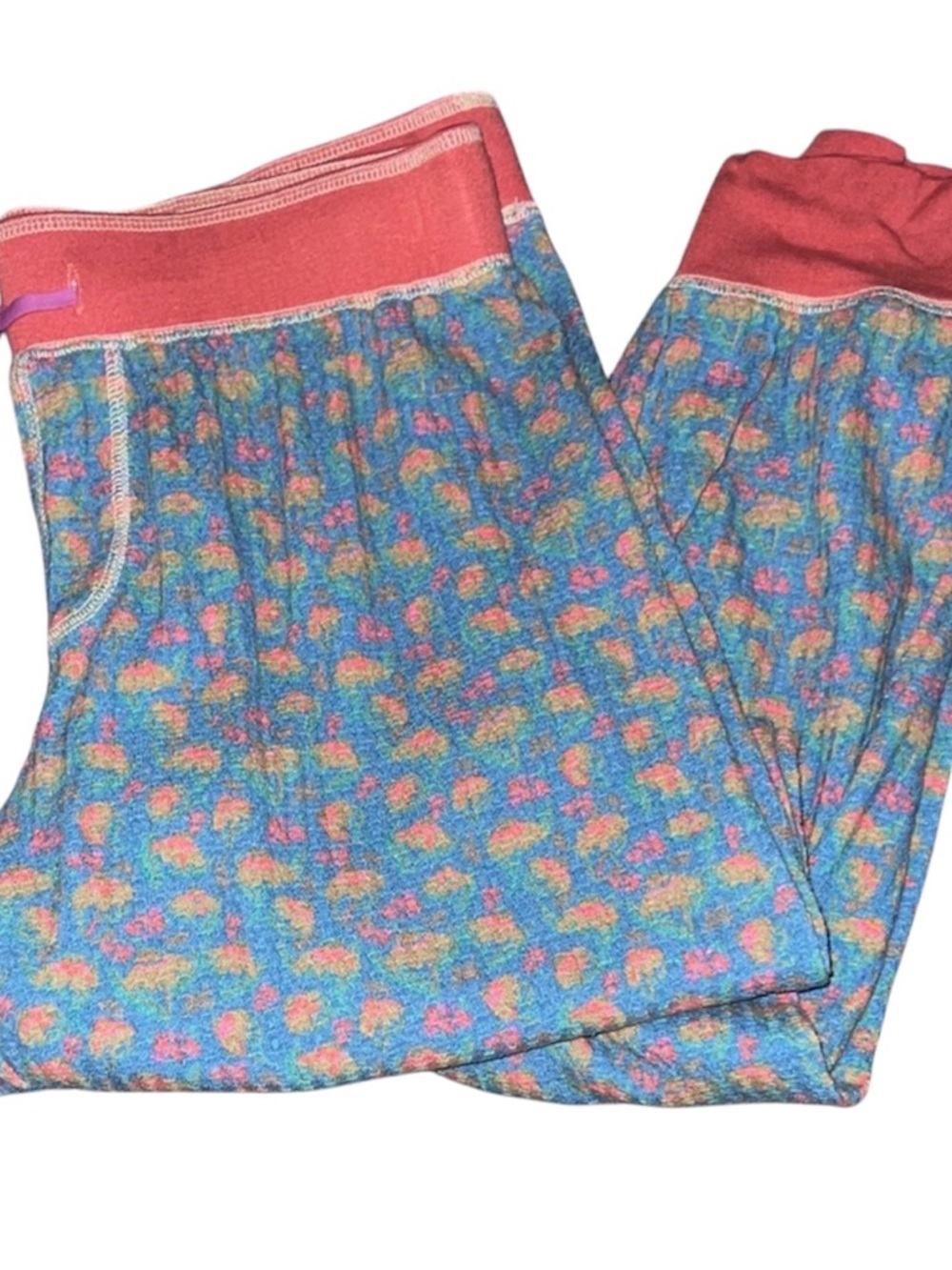 NATURAL LIFE Teal Floral Knit Pajama Pants with Coral Waistband & Cuffs - Picture 3 of 4